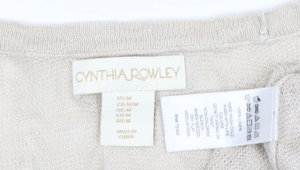 Cynthia Rowley Women Beige Linen Knit V-Neck Long Sleeve Top M