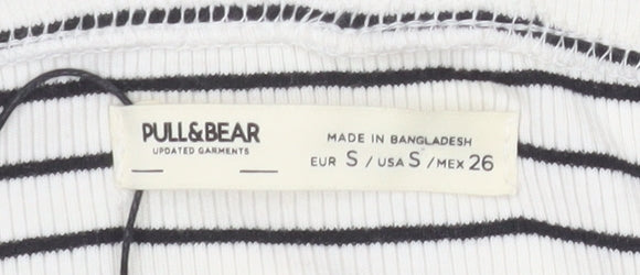 Pull&Bear Women's White Striped Cropped Off Shoulder Top Size 8