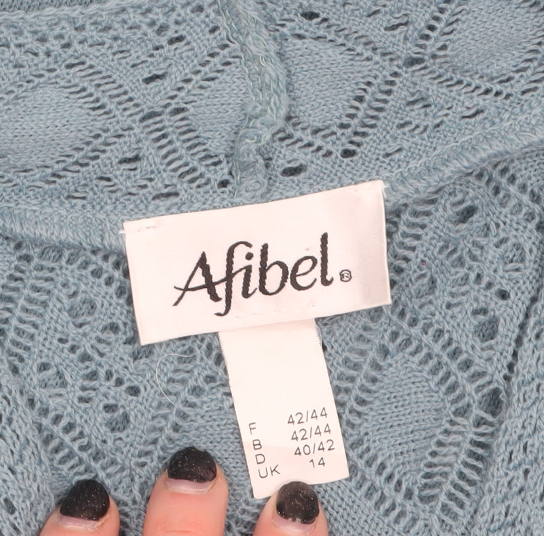 Afibel Women Blue Acrylic V-Neck Crochet Knit Jumper Size 14