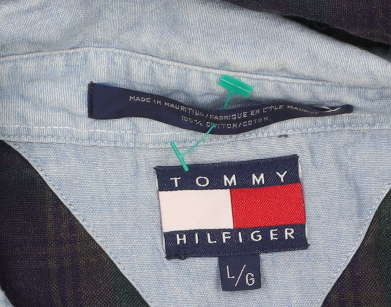 Tommy Hilfiger Men’s Blue Check Button-Up Shirt L Cotton Flannel