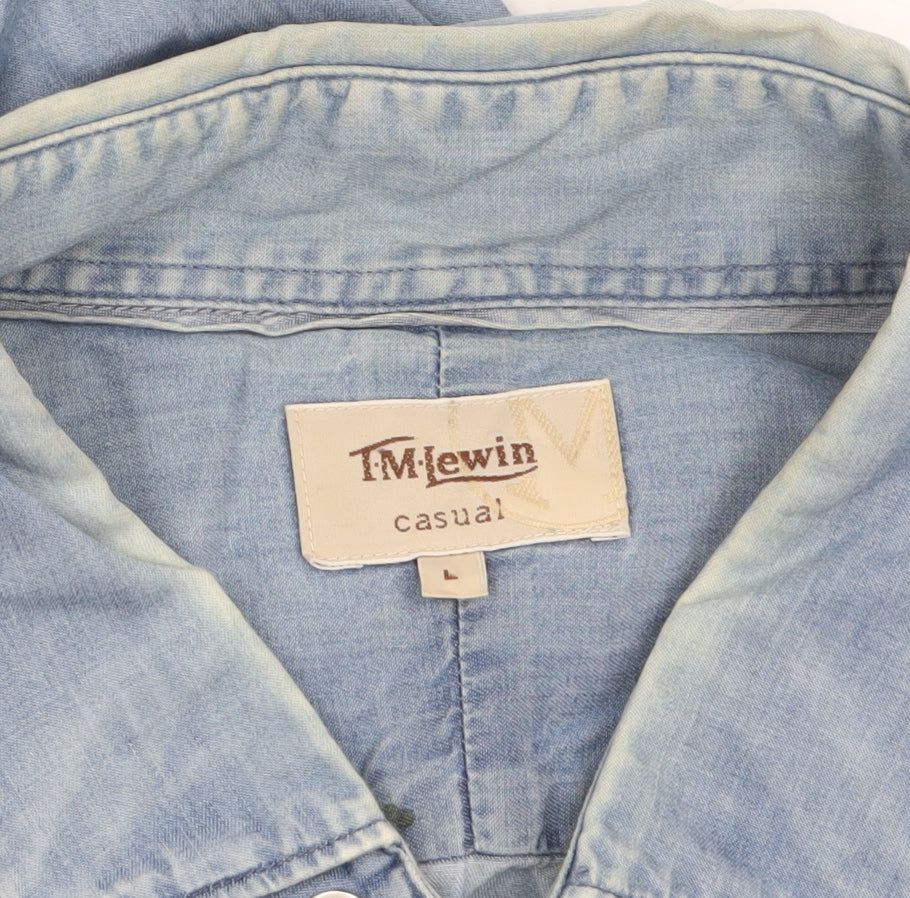 T.M.Lewin Men's Blue Denim Cotton Long Sleeve Casual Shirt L