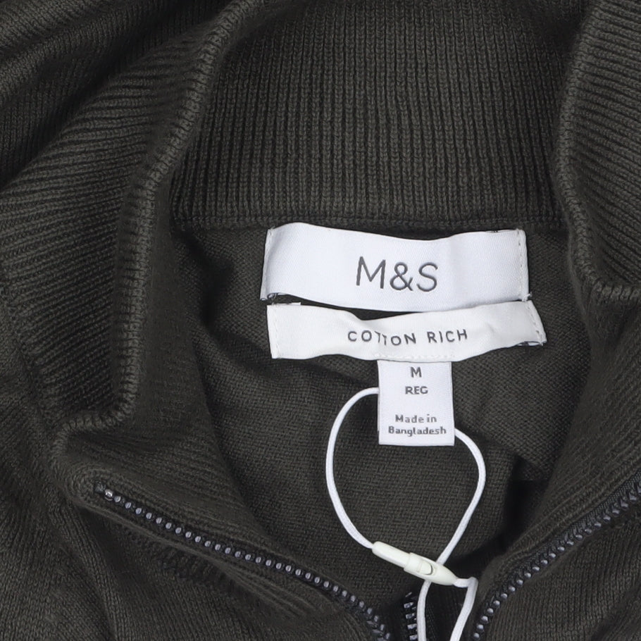 Marks and Spencer Men's Green 1/2 Zip High Neck Cotton Jumper M