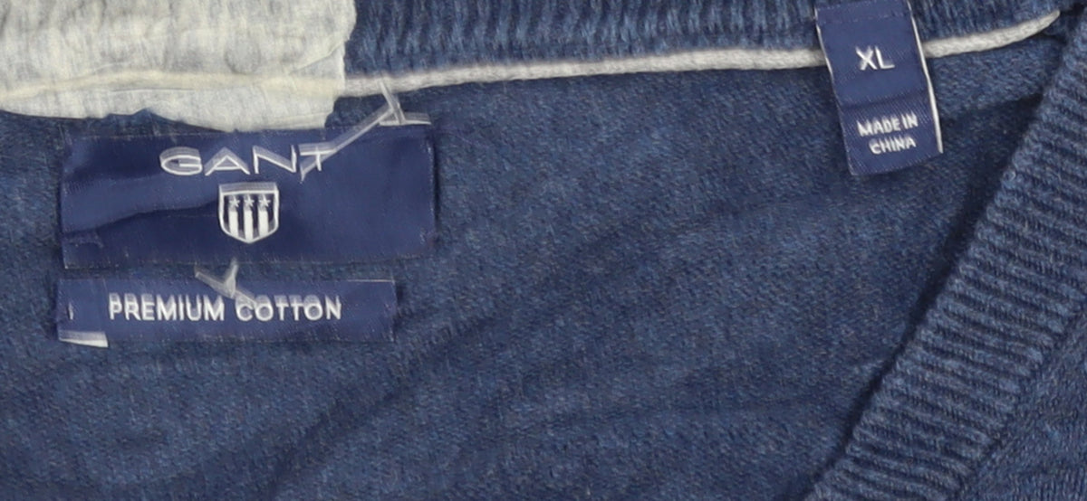 Gant Men's Blue XL V-Neck Cotton Pullover Jumper