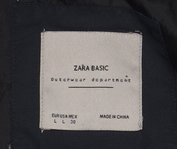 Zara Women Black Long Puffer Coat L Insulated Zip Winter Jacket