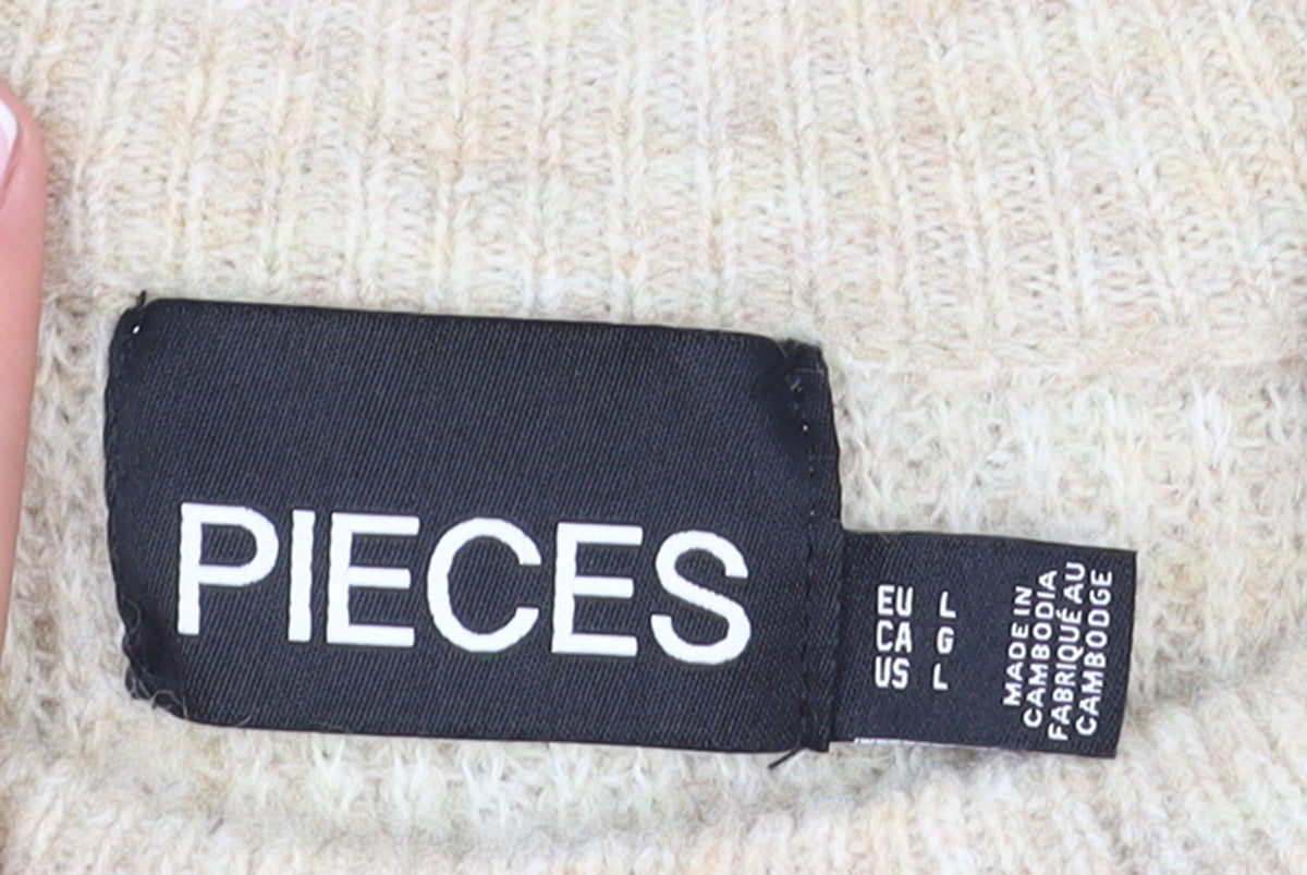 Pieces Womens Beige Wool Blend Knit Jumper L Long Sleeve Crew Neck