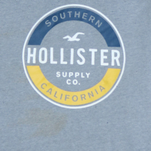 Hollister Men Blue Pullover Hoodie L Fleece Graphic Print Casual