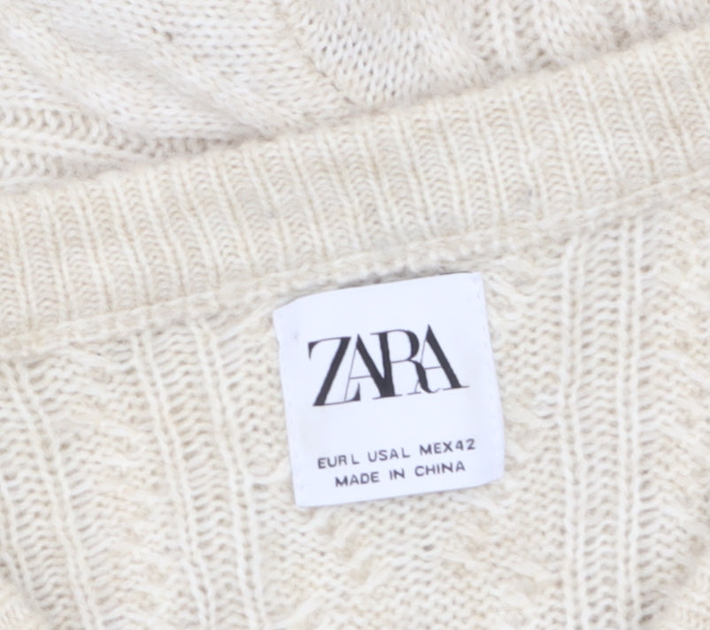 ZARA Mens Beige Cable-Knit Wool Blend Pullover Jumper L