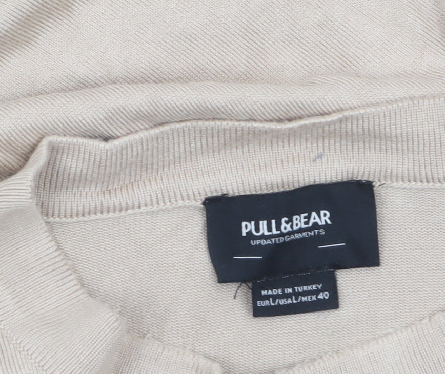 Pull & Bear Men's Beige Short Sleeve Knit Pullover Jumper L