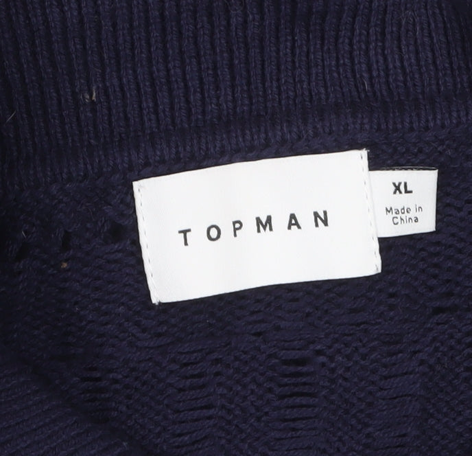 Topman Men’s Blue Collared Open-Knit Cotton Cardigan XL