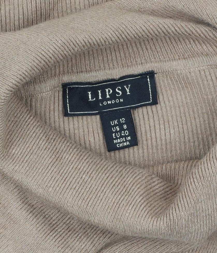 Lipsy Women Beige High Neck Button Detail Slim Fit Jumper Size 12