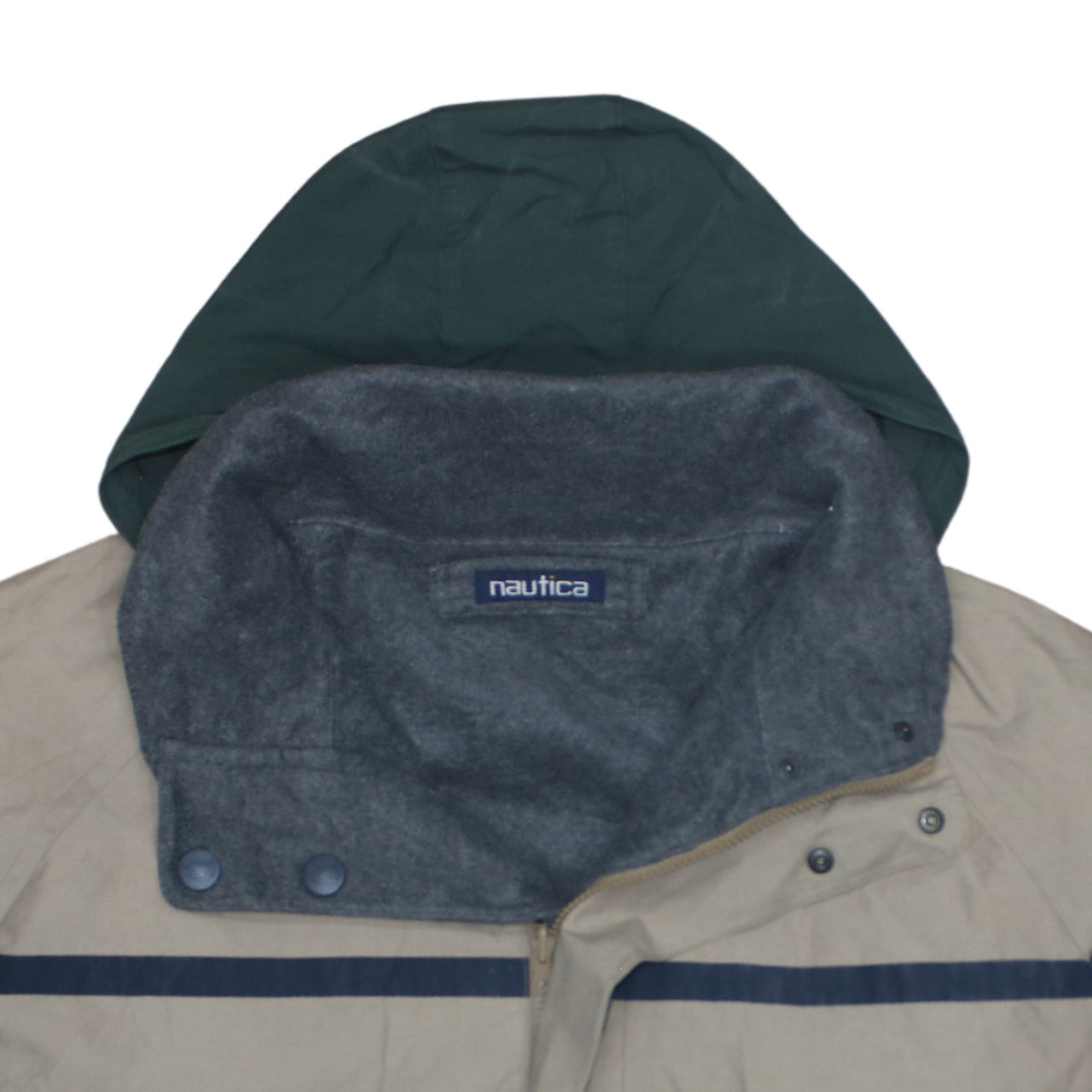 Nautica Men's Beige Windbreaker Jacket L Hooded Full Zip Fleece Lined