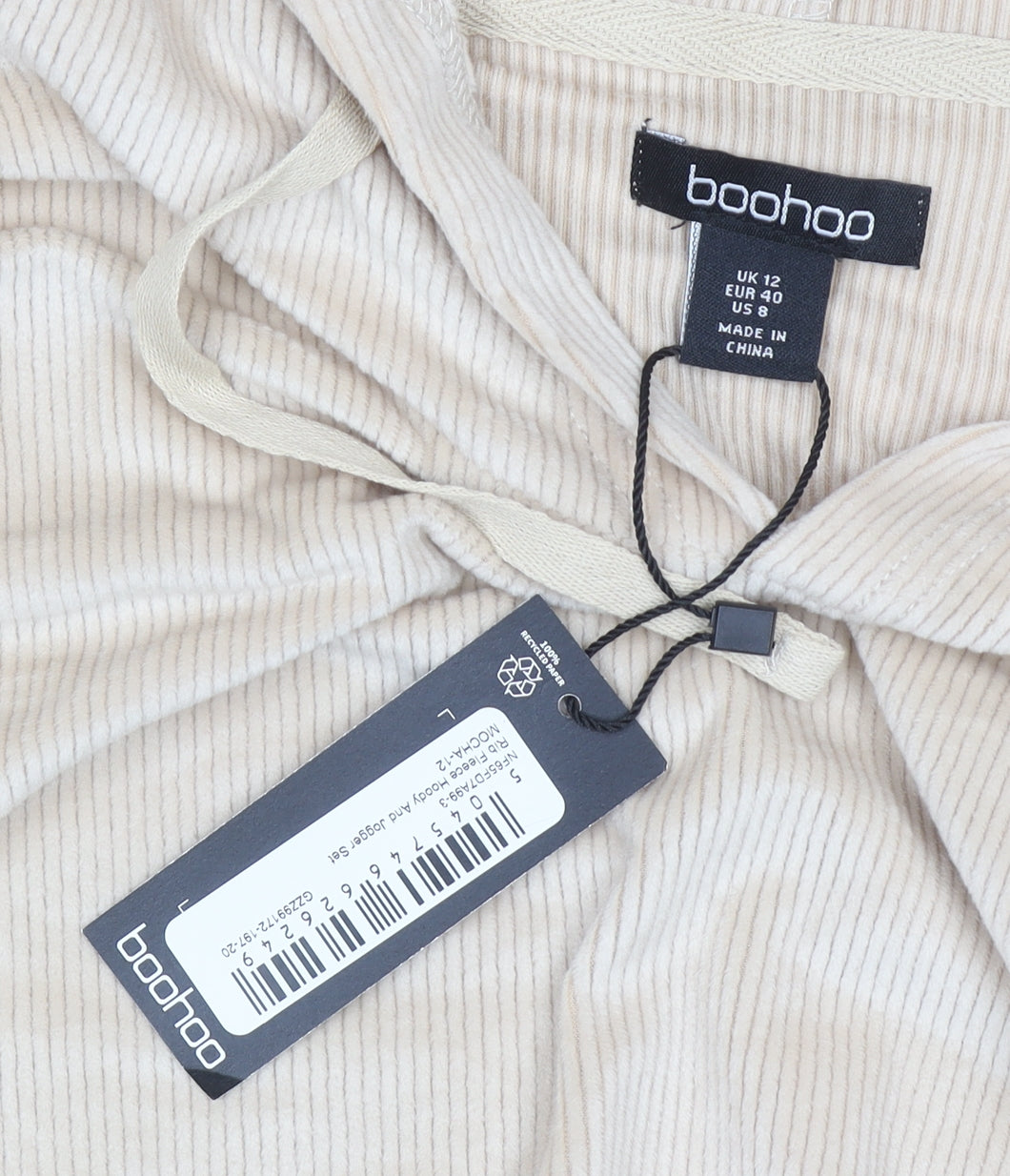 Boohoo Women Beige Corduroy Hooded Pullover Jumper UK 12