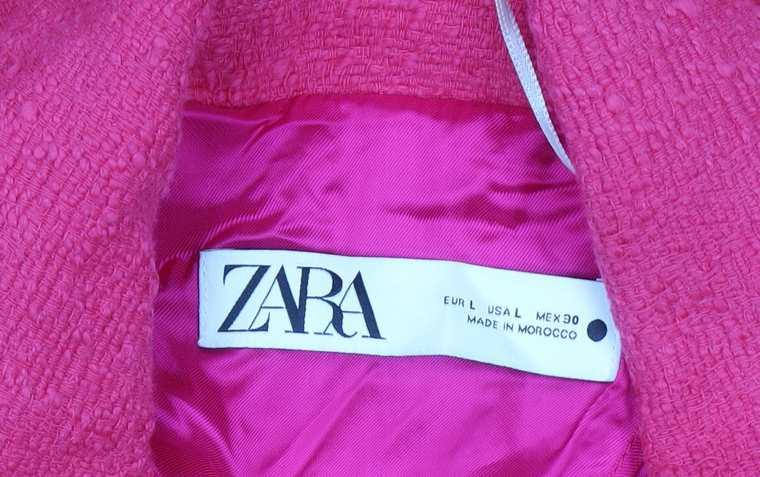 Zara Women Pink Long Tweed Overcoat Size 14 Buttoned Lined