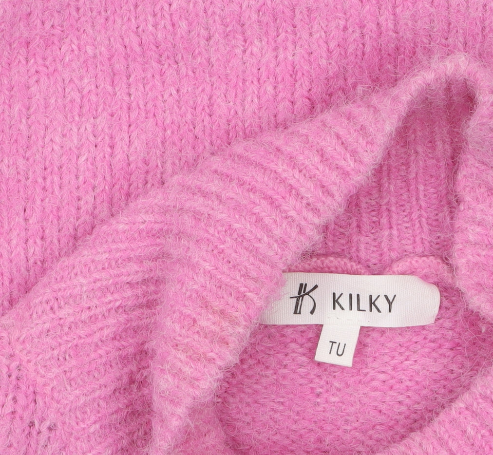 KILKY Women Pink Mock Neck Chunky Knit Wool Blend Pullover Jumper One Size