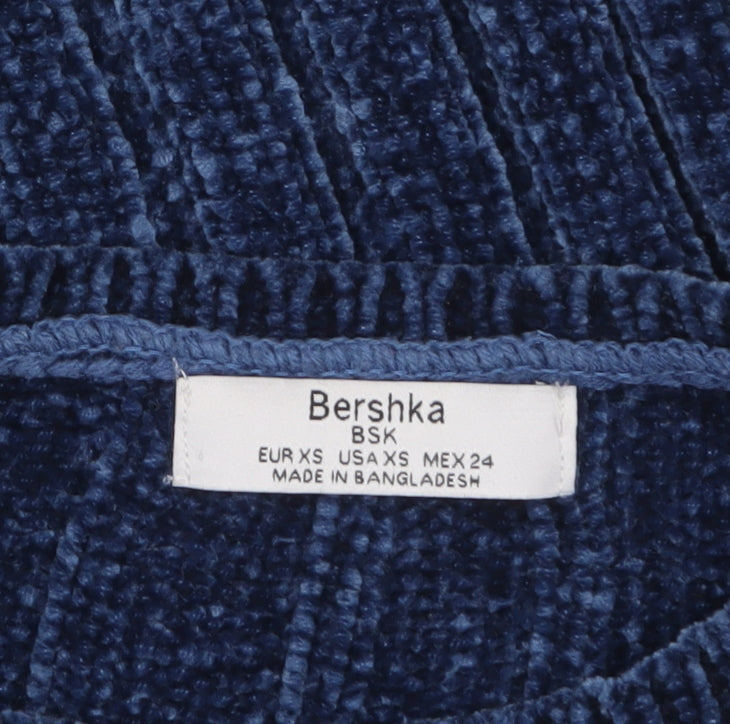Bershka Women's Blue Ribbed Velvet Long Sleeve Pullover Jumper XS