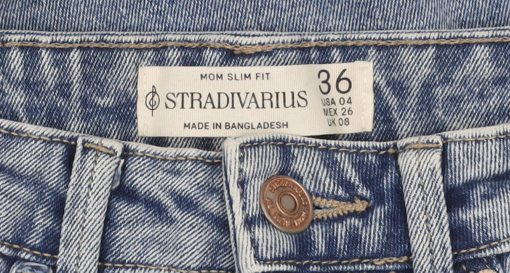 Stradivarius Women’s Blue High Rise Mom Slim Fit Distressed Jeans UK 8