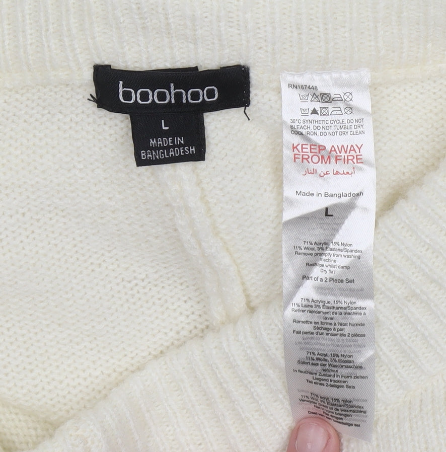 Boohoo Women Ivory Knit Trousers L Acrylic Wool Blend Elastic Waist