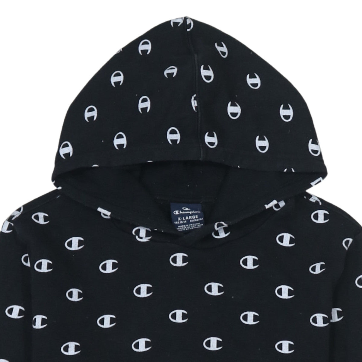 Champion Boys Black 13-14 Years Pullover Hoodie All Over Logo Print