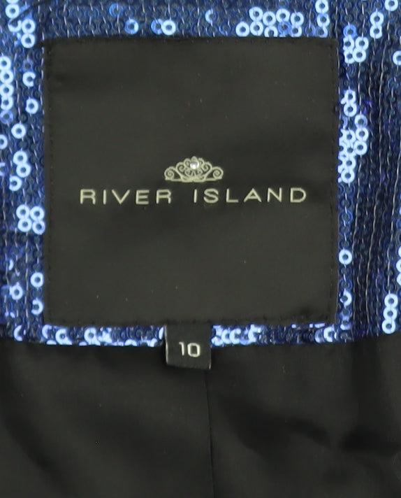 River Island Women's Blue Sequin Tuxedo Blazer Size 10 Party Jacket