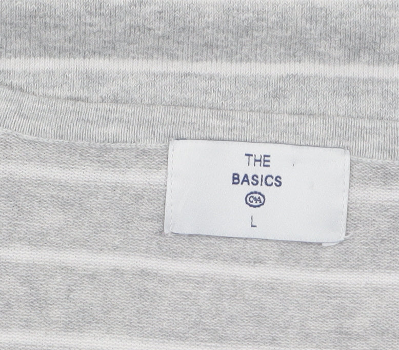 C&A Women Grey Striped V-Neck Cotton Knit Jumper L