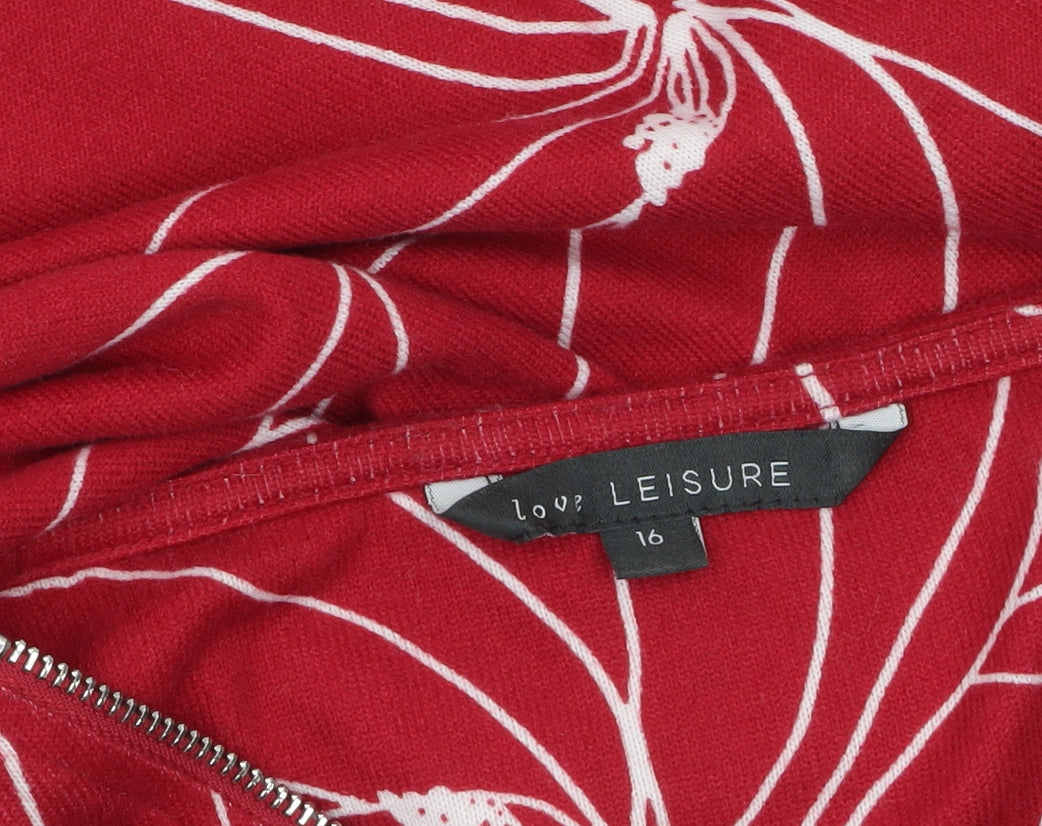 Love Leisure Women Red Floral Long Sleeve Zip Tunic Top Size 16
