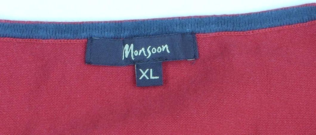 Monsoon Women Red V-Neck Cotton Blend Pullover Jumper XL