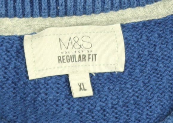Marks & Spencer Mens Blue Cotton Waffle Knit Jumper XL Regular Fit