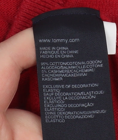 Tommy Hilfiger Men's Red V-Neck Cotton Cashmere Jumper M