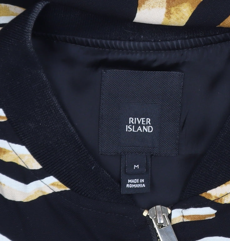 River Island Women Black Animal Print Bomber Jacket Medium Polyester Zip Up
