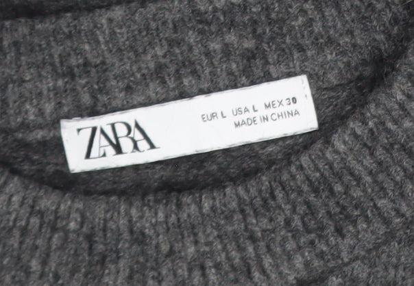Zara Women Grey Wool Blend Crew Neck Long Sleeve Pullover Jumper Size L