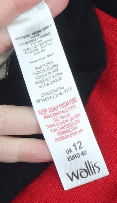 Wallis Women’s Black Red Beige Striped Zip Shoulder Pullover Jumper Size 12