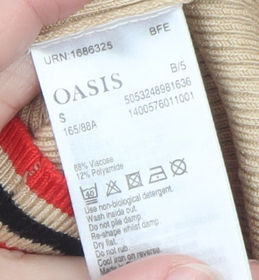 Oasis Women Beige Stripe Trim Scoop Neck Ribbed Knit Jumper Size S
