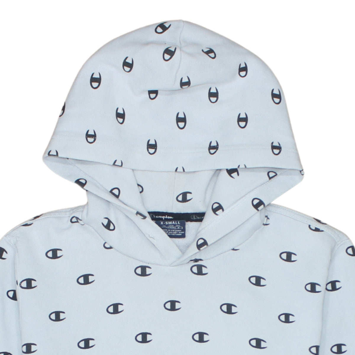Champion Women’s Light Blue XS Pullover Hoodie All Over Logo Print