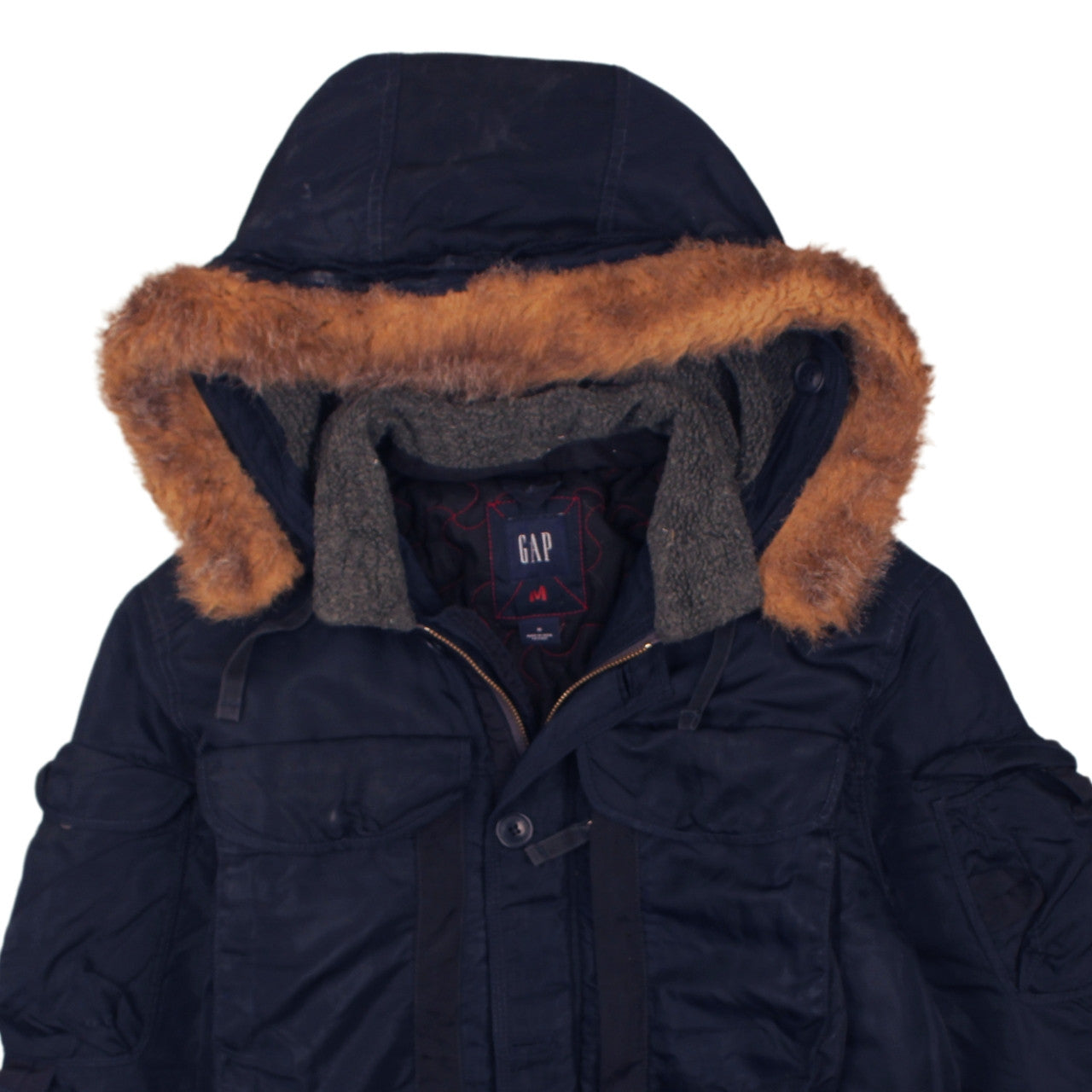 GAP Men Blue Fur Trim Hooded Parka Jacket Size M