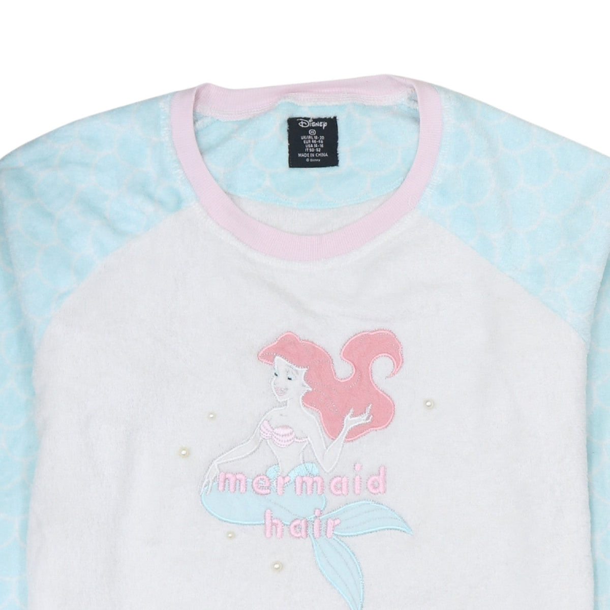 Disney Women’s XL Fleece Pyjama Top Ariel Mermaid Hair White Blue