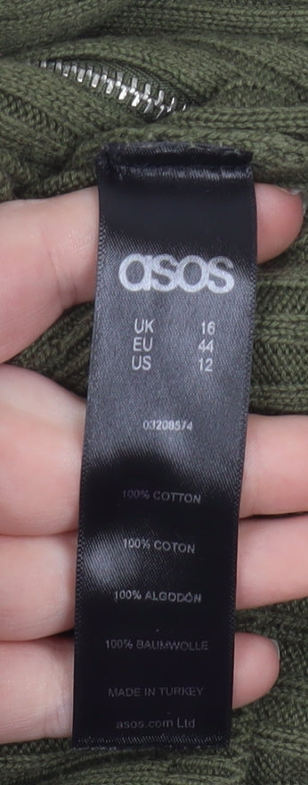 ASOS Women’s Green Ribbed Cotton Zip-Up Knit Jacket Size 16