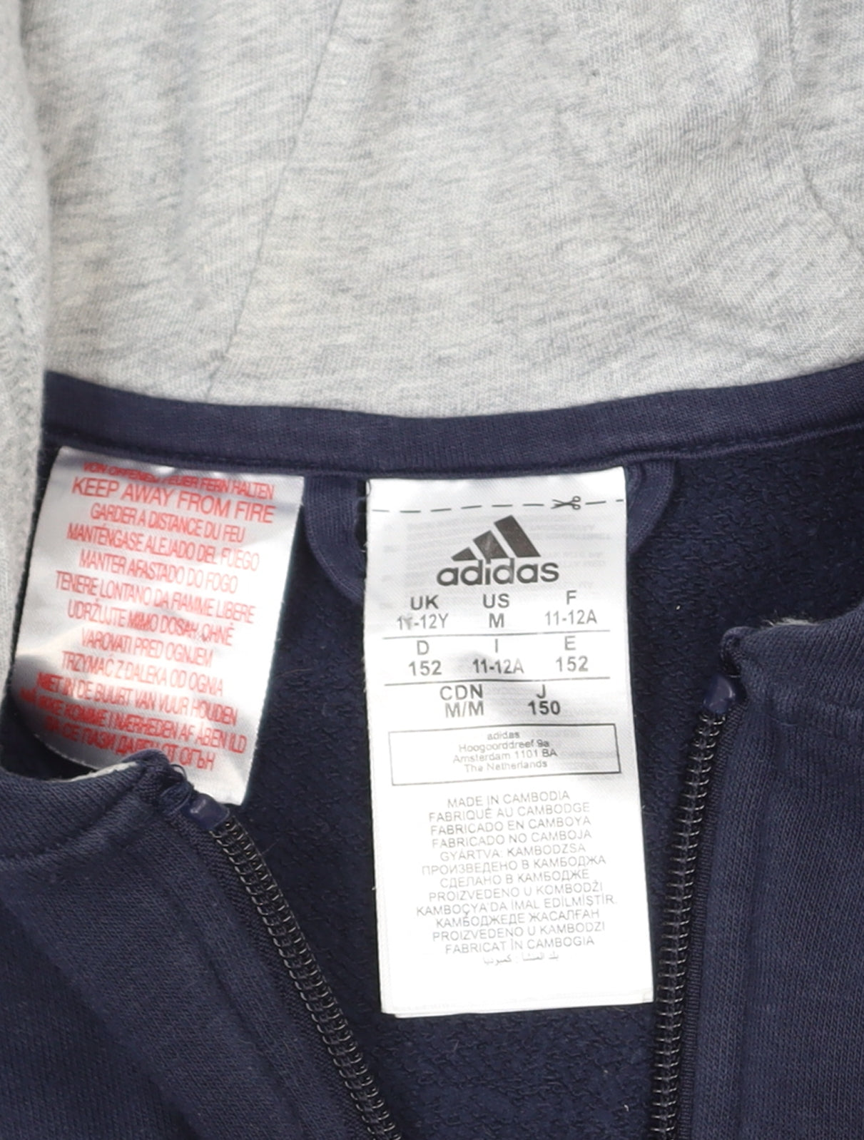 Adidas Boys Navy and Grey Full Zip Hoodie 11-12 Years Classic Fit