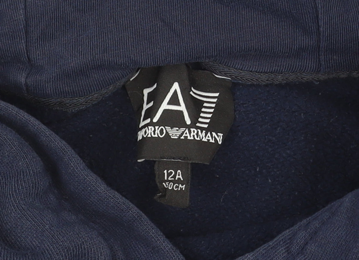 Emporio Armani Boys Navy Pullover Hoodie 12 Years EA7 Logo Cotton Blend