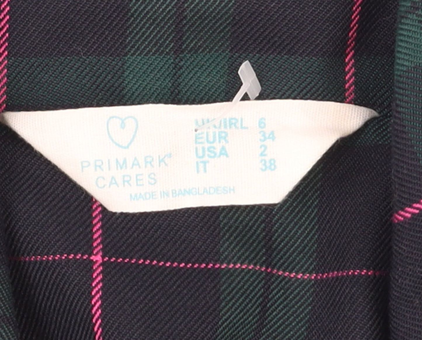 Primark Women's Green Check Blazer Size 6 Double-Breasted Jacket