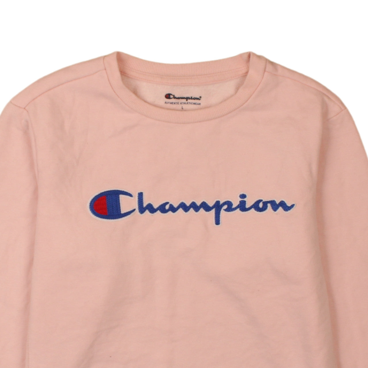 Champion Girls Pink Crew Neck Pullover Sweatshirt L Embroidered Logo Cotton Blend