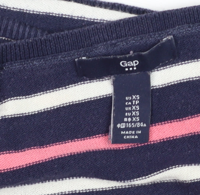 GAP Women Navy Pink Striped V-Neck Tie Hem Jumper XS Cotton Knit