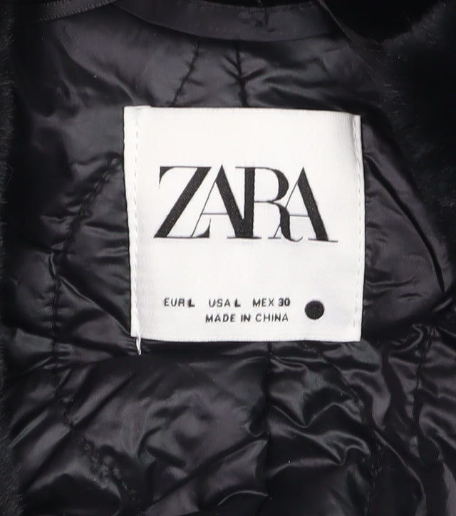 Zara Women Black Faux Fur Mid-Length Coat Size L