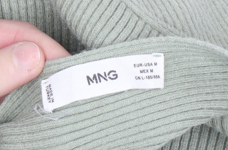 Mango Women's Green Ribbed V-Neck Twist Front Jumper Size 12