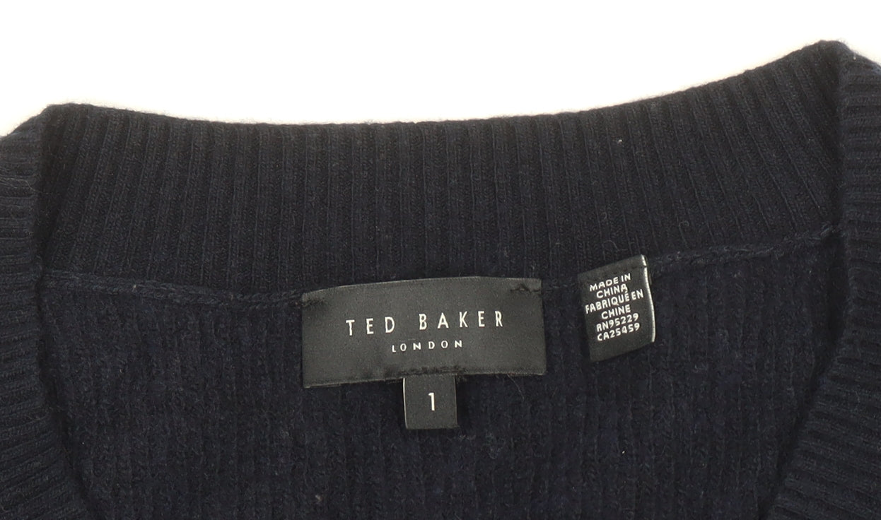 Ted Baker Womens Navy V-Neck Wool Blend Jumper Size 10 Classic Fit