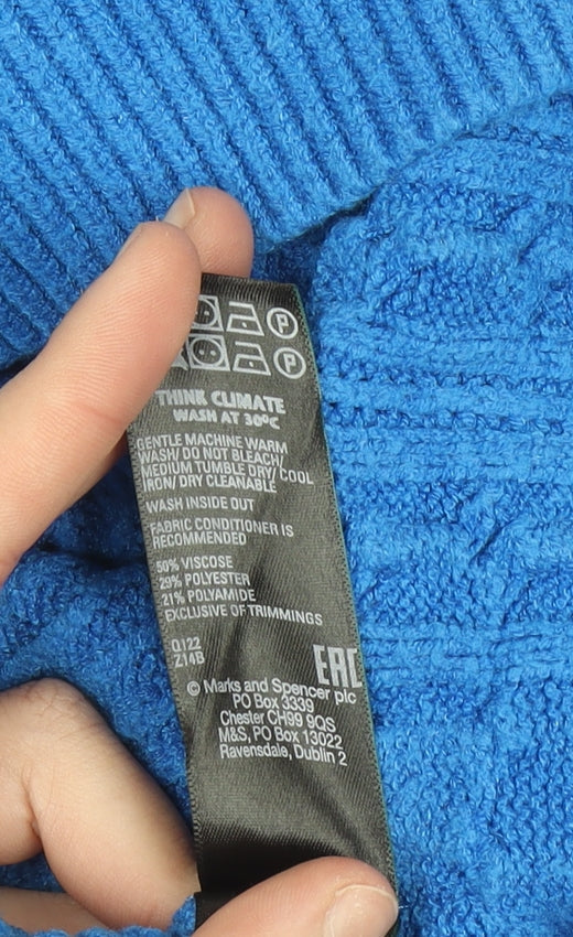 Marks & Spencer Women's Blue Mock Neck Cable Knit Jumper Small