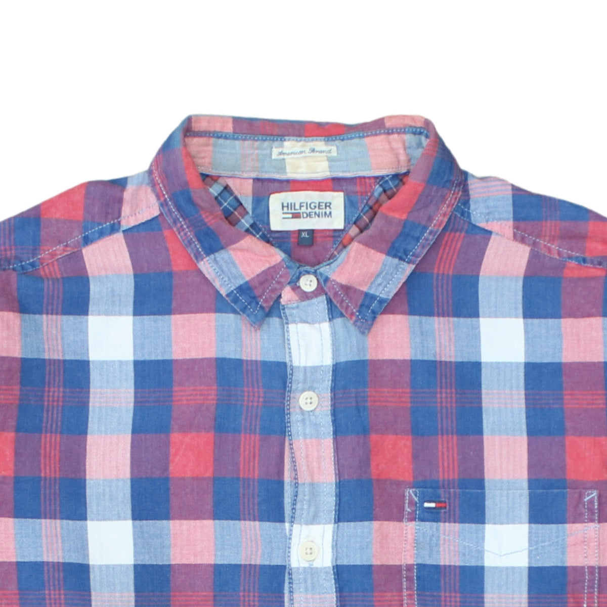 Hilfiger Denim Men's Red Blue Check Button-Up Shirt XL Cotton
