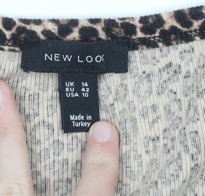 New Look Women Brown Leopard Print Long Sleeve Scoop Neck Top Size 14