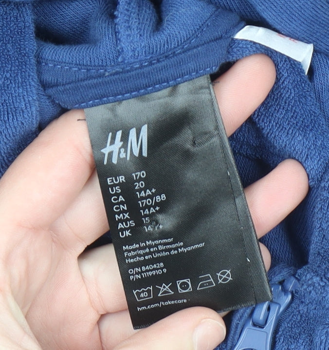 H&M Boys Blue Full Zip Hoodie Jacket Size 14 Long Sleeve Fleece Cotton Blend