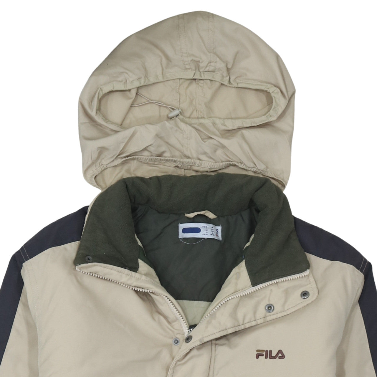 FILA Men Beige Hooded Puffer Jacket Size M Water Resistant Winter Coat