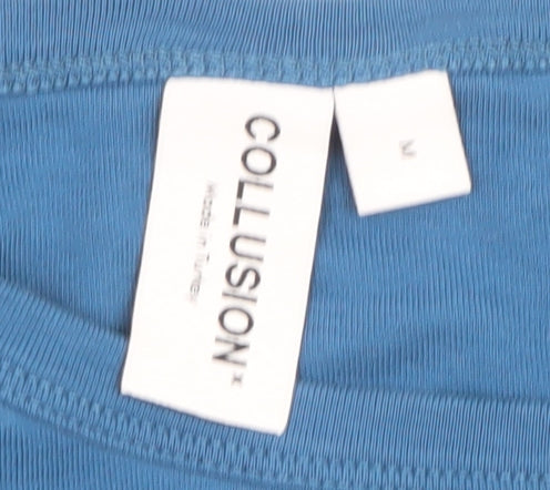 Collusion Women's Blue Cropped Long Sleeve Crew Neck T-Shirt M
